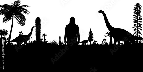 A diverse prehistoric landscape, showing dinosaurs, a human-like figure, and lush ancient flora, vector.