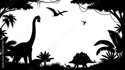 A dinosaur jungle scene silhouette, featuring brachiosaurus, stegosaurus, and flying pteranodons.