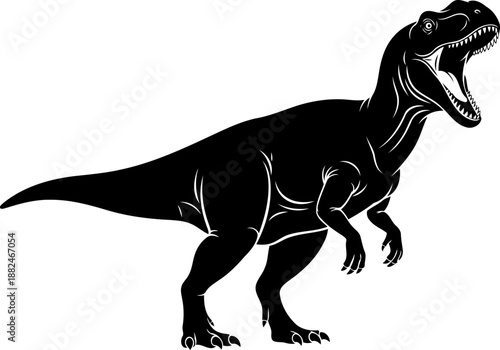 A fearsome tyrannosaurus rex silhouette, a bipedal predator roaring aggressively.