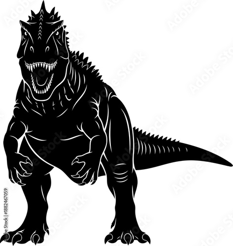 A menacing tyrannosaurus rex silhouette, an aggressive predator roaring from a front view.