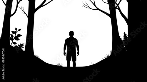 A lone man silhouette, standing in a dark forest surrounded by trees.