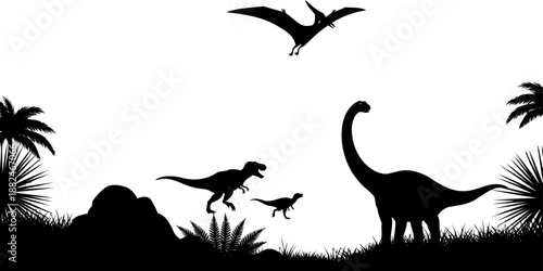 A prehistoric dinosaur landscape silhouette, depicting t-rex, brachiosaurus, and flying pteranodon.