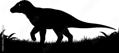 A large hadrosaur dinosaur silhouette, a bipedal herbivore walking through prehistoric grass.
