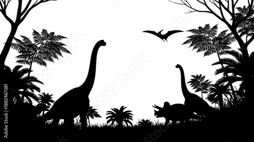 A prehistoric jungle scene silhouette, with brachiosaurus, triceratops, and flying pteranodon.