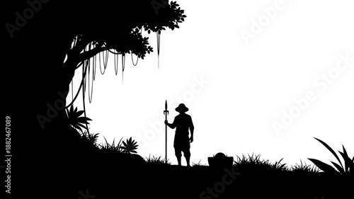 Adventurer standing in jungle silhouette, holding a spear beside a large tree.