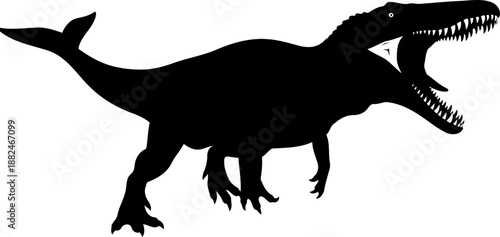Aggressive baryonyx dinosaur silhouette standing with wide open mouth, detailed vector illustration.