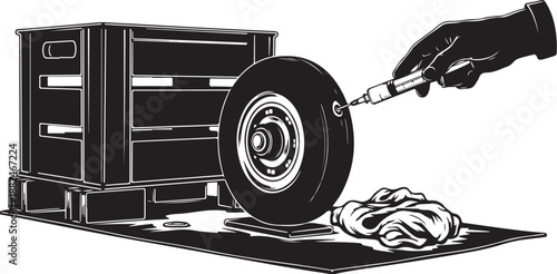 Hand inflating tire with air hose next to toolbox