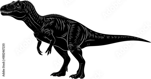 Allosaurus theropod dinosaur silhouette standing with muscular legs and tail side view