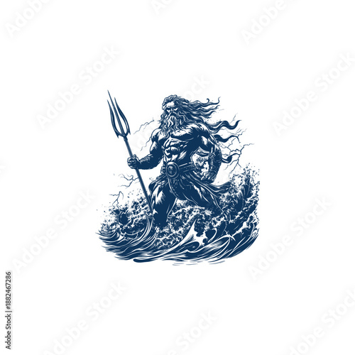 Ancient Greek God Poseidon holding trident standing on ocean waves engraving style illustration