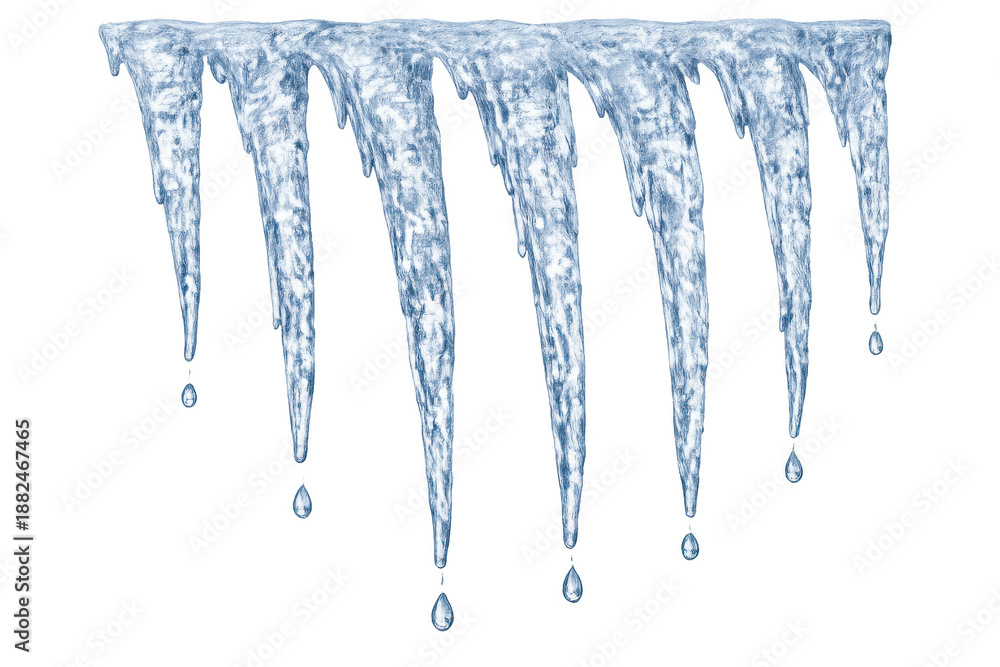 Fototapeta premium Frozen icicles with dripping water isolated on a transparent background, representing winter, thaw, and changing seasons