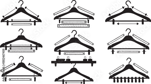 Collection of various black and white clothing hangers illustration