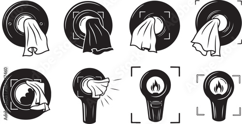 Black and white stove burner icons with cloth illustrations