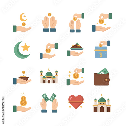Islamic Charity Icons Set with Hands and Symbols.