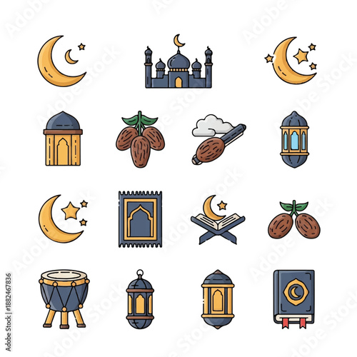 Ramadan Icons Set with Mosque and Dates.
