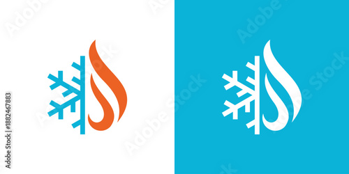 Dual meaning logo combining snow and fire elements, symbolizing temperature contrast, climate control, balance, and efficient cooling and heating solutions.