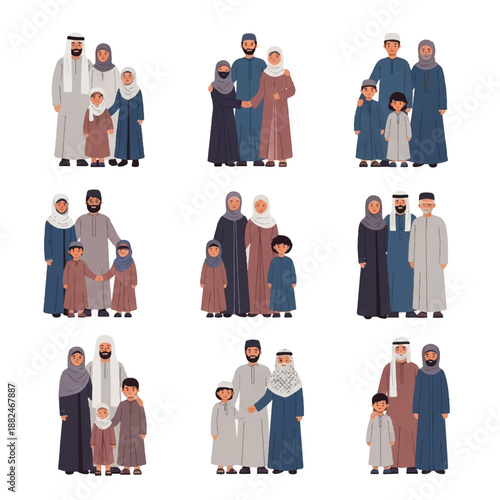Diverse Muslim Families in Traditional Clothing.