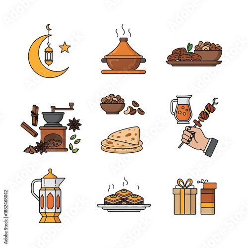 Middle Eastern Cuisine and Ramadan Icons.