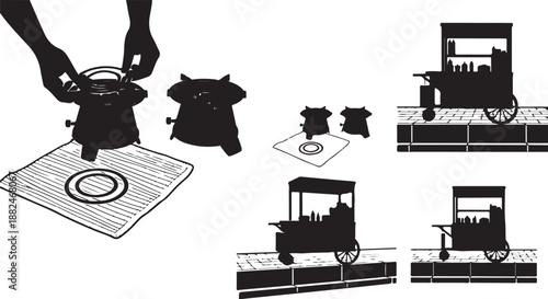 Silhouette of tea time with kettle and cart illustrations