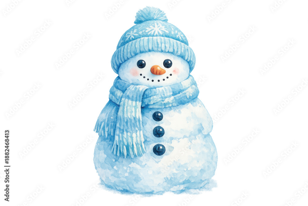 Fototapeta premium Snowman wearing blue hat and scarf, watercolor illustration symbolizing winter holidays and christmas season