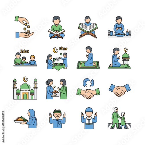 Islamic Illustrations of Prayer and Charity.