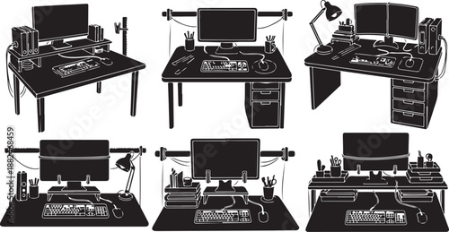 Various workstation setups with computers and office supplies