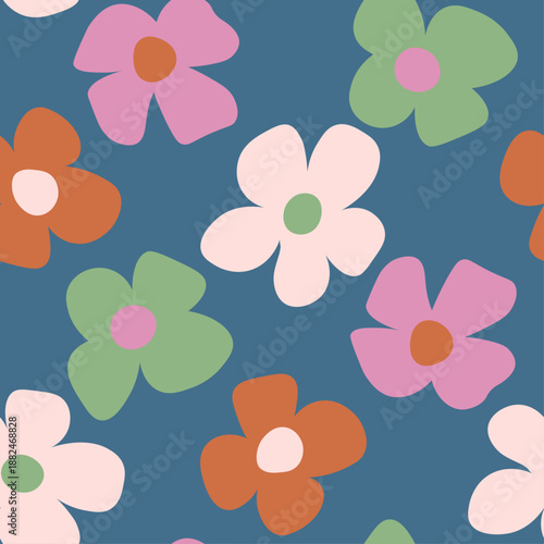 Bold floral vector repeat with stylized petals on deep blue background