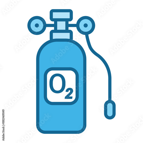 Blue oxygen tank with a regulator and hose suitable for medical, emergency, rescue, first aid, healthcare, hospital, lifesaving, oxygen therapy themes.