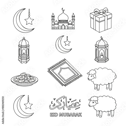 Eid Mubarak Islamic Symbols and Illustrations.