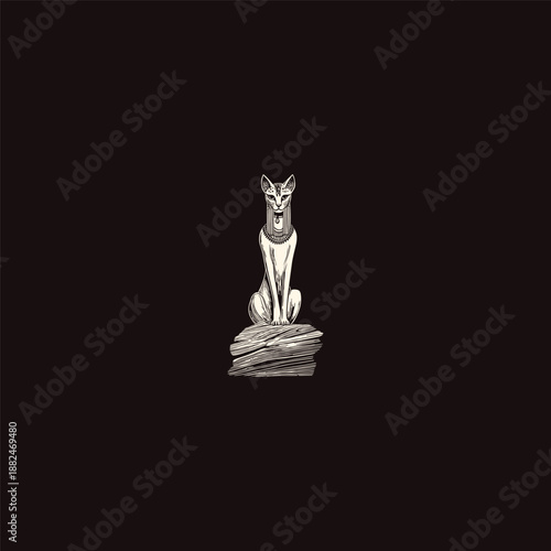 Ancient Egyptian cat goddess Bastet engraving illustration on dark background