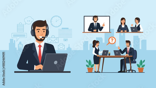 Businessman wearing headset working on laptop.