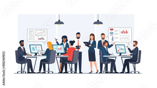 Office workers collaborating at computers in meeting.