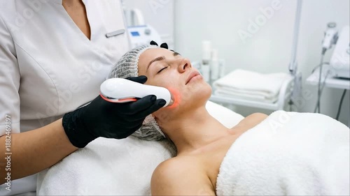 Woman receiving laser facial treatment for skin rejuvenation and beauty care in a modern salon