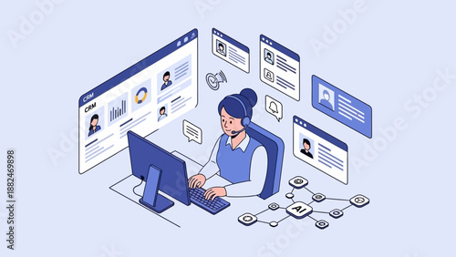 Woman Working on Laptop with UI Screens.