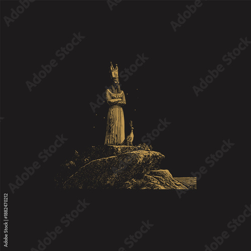 Ancient Egyptian queen goddess standing on cliff with peacock engraving illustration on dark background.
