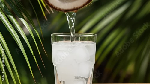 Refreshing coconut water being poured into a glass with ice cubes in a tropical setting video