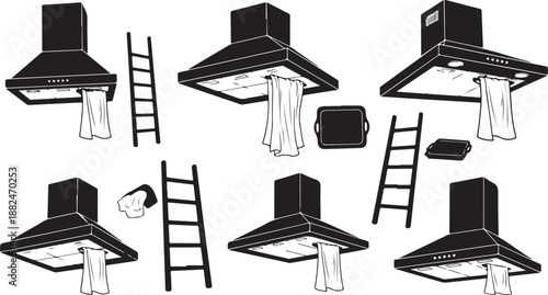 Black and white kitchen range hood illustration set