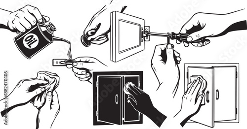 Various hands performing actions with objects and tools daily