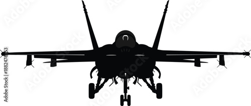 Front view silhouette of modern military fighter jet, air force combat aircraft and defense aviation power concept, strategic war technology illustration