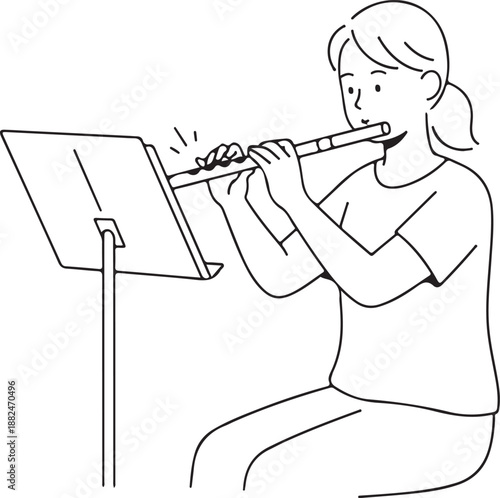 Minimalist line art illustration of a woman or girl playing the flute, a musical instrument, while sitting with a music stand; ideal for concepts of music education, practice, or a creative hobby