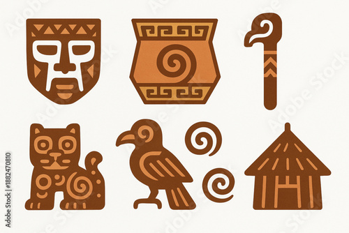 Costa Rica Indigenous Heritage Icon Set with Traditional Symbols and Flat Vector Style