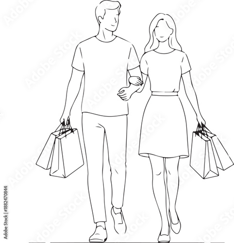 Happy Couple Enjoying a Shopping Spree, Walking Arm-in-Arm with Bags in a Stylish Line Art Illustration, Depicting Modern Lifestyle and Leisure Purchases
