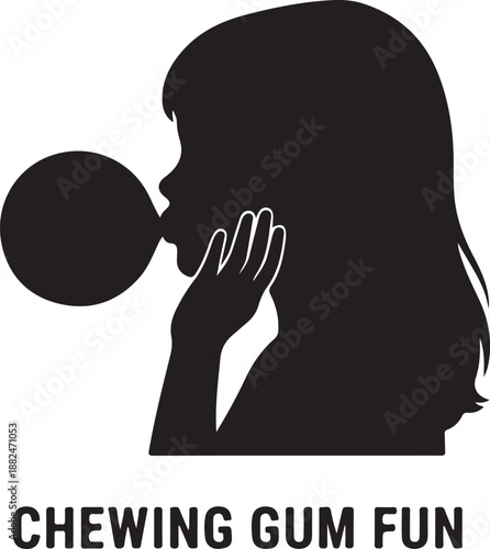 Black silhouette of a young girl in profile blowing a large bubble with chewing gum, depicting childhood fun and playfulness