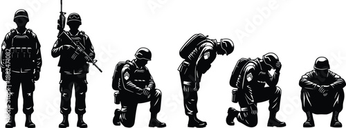 Silhouette collection of soldiers in different emotional poses, military service concept showing strength, stress, fatigue, trauma, and resilience, minimal black vector illustration.eps
