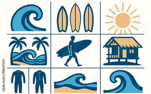 Costa Rica Pacific Surf Culture Icon Grid with Waves and Flat Vector Style