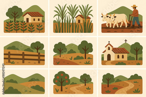 Costa Rica Rural Life Icon Grid with Traditional Farms and Flat Vector Style