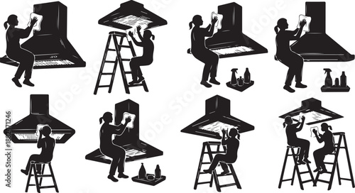 Worker installing range hood in kitchen with tools