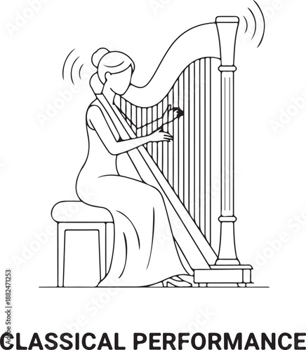 Line Art Illustration of a Woman Playing a Harp, a Classical Music Performance or Concert.
