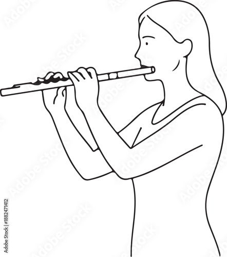 Line art illustration of a woman playing the flute, a classic woodwind instrument, representing music, performance, or a creative hobby