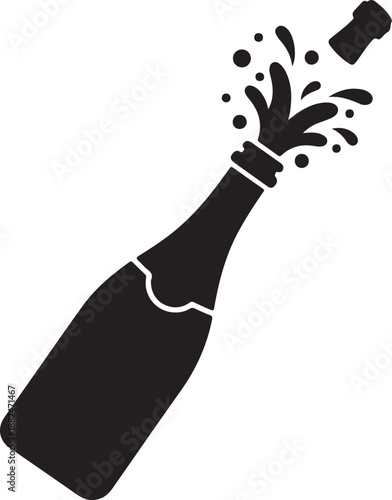 Champagne bottle popping open with cork flying and celebratory splash, an iconic symbol of success, New Year's Eve, or a festive party event. Sparking wine or bubbly celebration