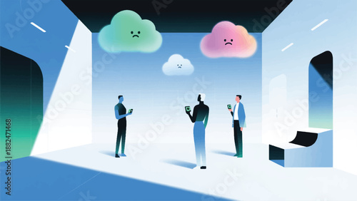 Illustration Of Small Clouds That Change Color According To Human Emotions, Floating In A Minimalist Futuristic Room, Character Holding An Emotion Control Device Vector Design Template